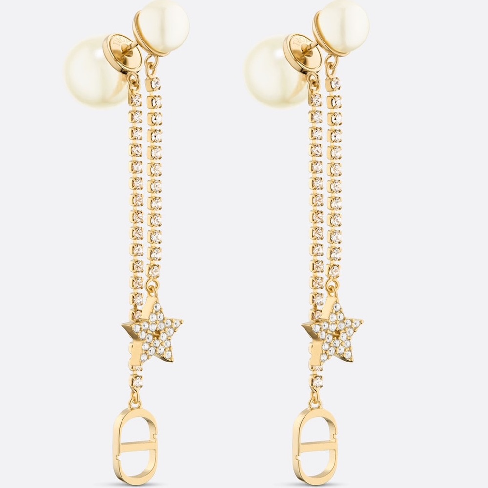 Christian Dior Tribales Earrings: Gold Metal, White Resin Pearls, White Crystals